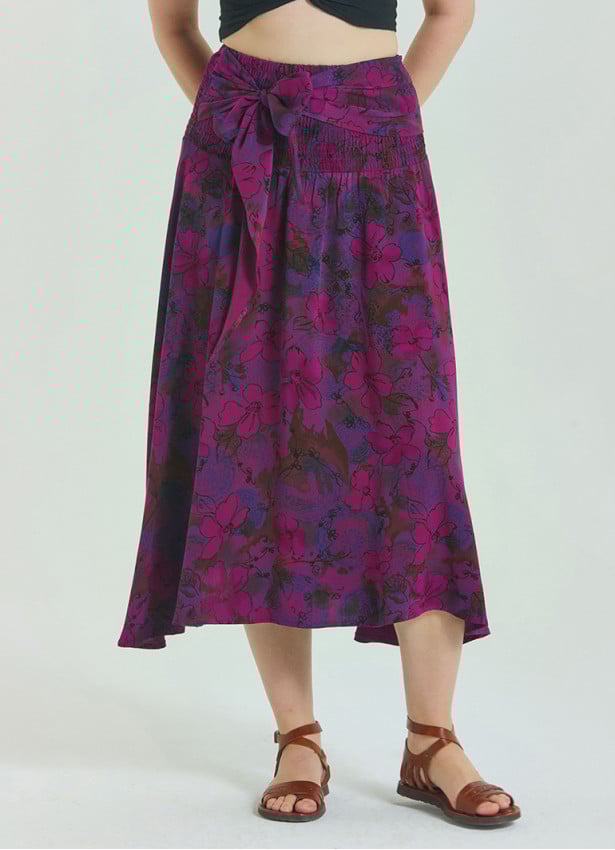 Gipe Waist Tied Wine Patterned Plus Size Skirt 4598